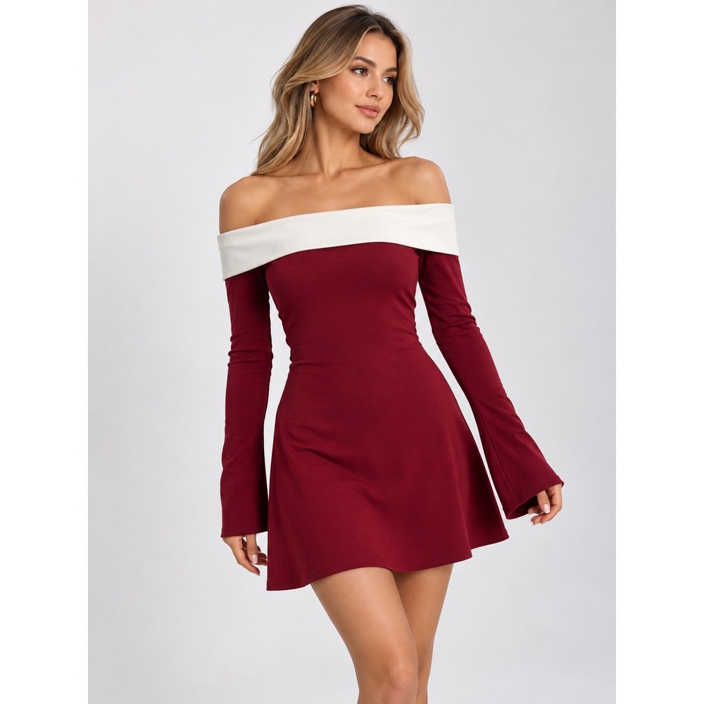 COMMENSE Burgundy Ivory Color Block Off Shoulder Long Sleeve Mini Dress Size S